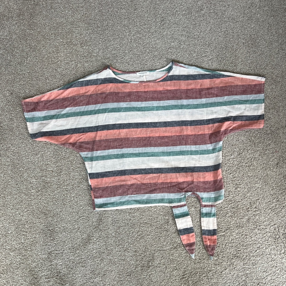 Striped Coastal Luxury Elbow Sleeve Tie Front Linen Cotton Blend Blouse Size XS - Picture 8 of 11
